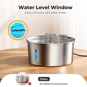 HINTON Indoor Ultra Quiet Automatic Water Dispenser Stainless Steel Dog & Cat Water Fountain with Water Level Window & Multi-Stage Filtration, Silver, 3.2-L
