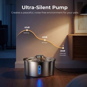 HINTON Indoor Ultra Quiet Automatic Water Dispenser Stainless Steel Dog & Cat Water Fountain with Water Level Window & Multi-Stage Filtration, Silver, 3.2-L