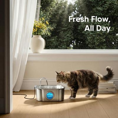 Show full view: HINTON Ideal Quiet Pump Stainless Steel Dog & Cat Water Fountain with Multi-Stage Filtration, Flower Shaped Nozzle & Water Level Window, Silver, 3.2-L slide 8 of 8