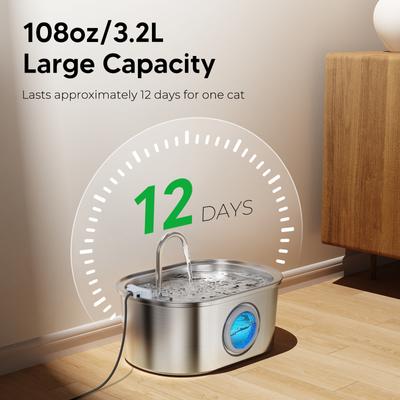 Show full view: HINTON Ideal Quiet Pump Stainless Steel Dog & Cat Water Fountain with Multi-Stage Filtration, Flower Shaped Nozzle & Water Level Window, Silver, 3.2-L slide 2 of 8