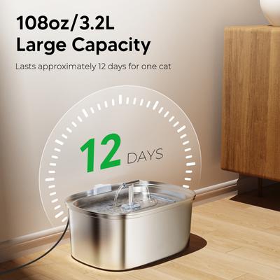 Show full view: HINTON Indoor Hydration Dispenser & Ultra Quiet Pump Stainless Steel Dog & Cat Water Fountain with Flower Shaped Spout & Water Level Window, Silver, 3.2-L slide 2 of 8