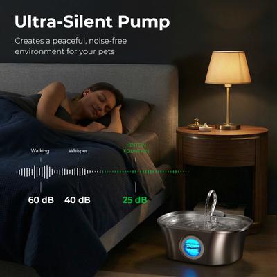 Show full view: HINTON Automatic Hydration Dispenser & Ultra Quiet Pump Stainless Steel Dog & Cat Water Fountain with Multi-Stage Filtration, Water Tap Nozzle & Water Level Window, Silver, 3.2-L slide 3 of 8