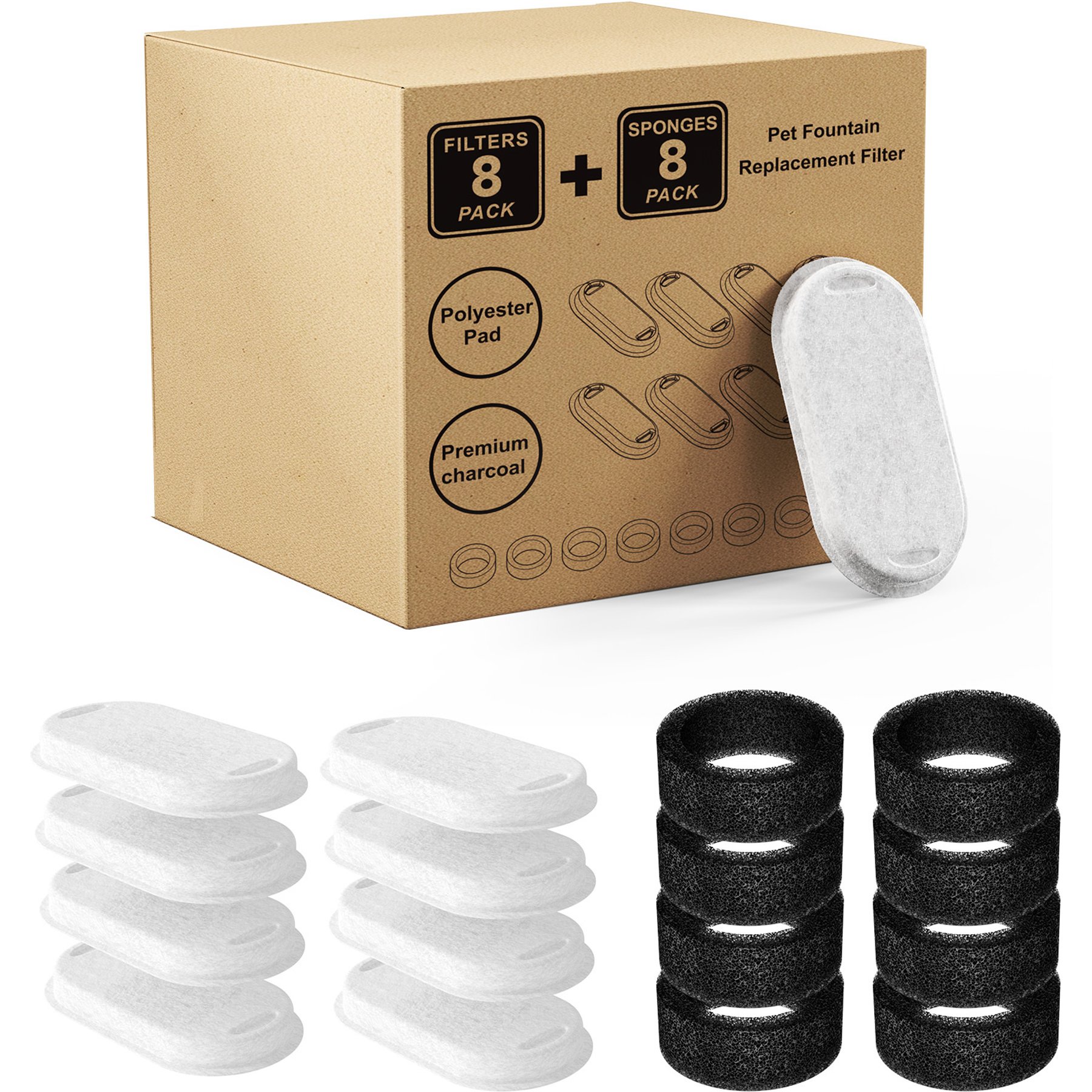 HINTON PDHT-8 Dog & Cat Water Fountain Replacement Filters & Pre-Filter Sponges, White, 8 count