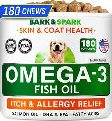 Bark&Spark Allergy Relief & Itch Relief with Omega 3 Skin & Coat with Salmon Oil Chew Supplement for Dogs & Cats, 180 count