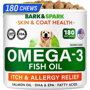 Bark&Spark Allergy Relief & Itch Relief with Omega 3 Skin & Coat with Salmon Oil Chew Supplement for Dogs & Cats, 180 count