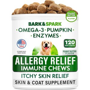 Bark&Spark Allergy Relief & Anti Itch Relief with Omega 3 Skin & Coat Fish Oil Chew Supplement for Dogs, 120 count