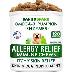 Bark&Spark Allergy Relief & Anti Itch Relief with Omega 3 Skin & Coat Fish Oil Chew Supplement for Dogs, 120 count