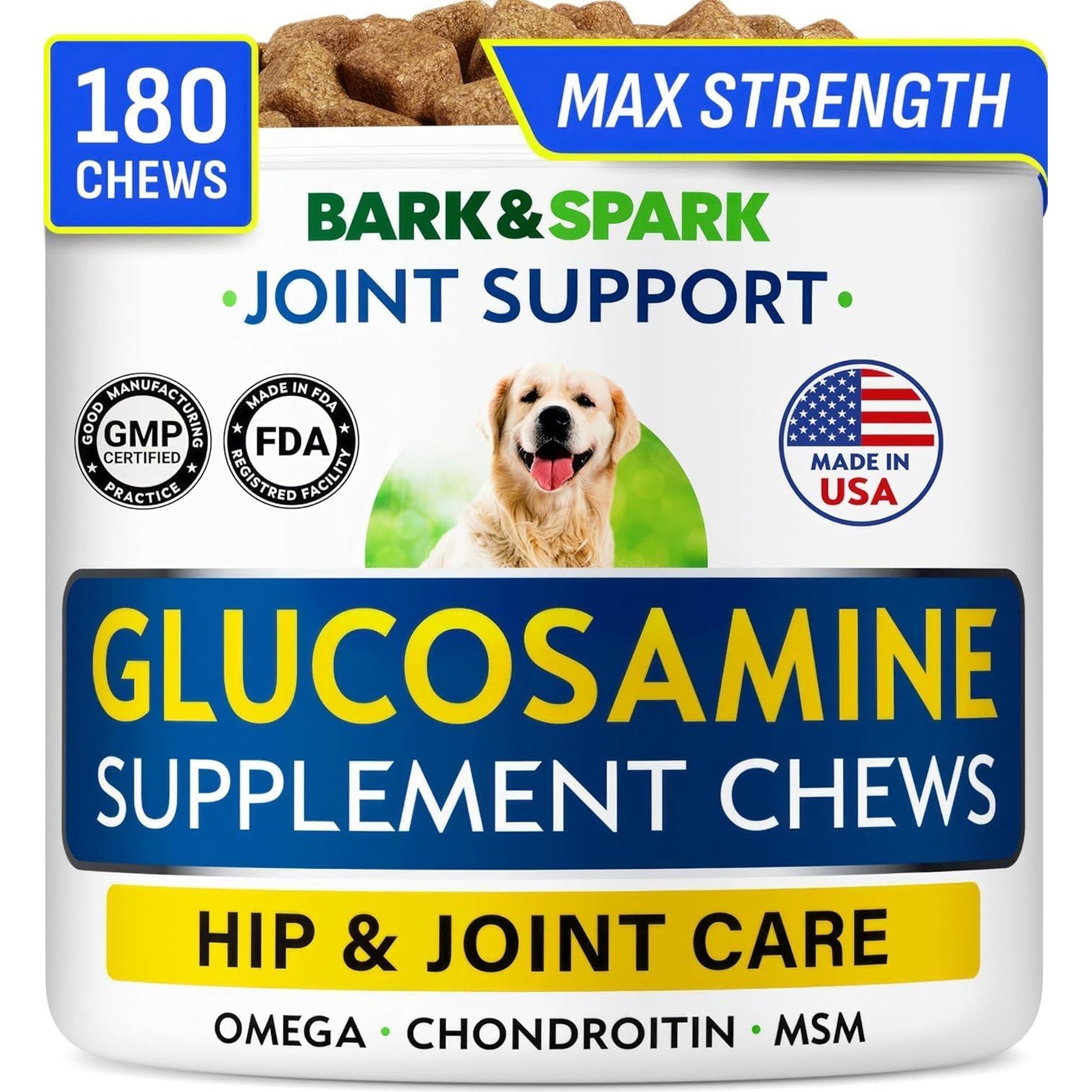 Bark&Spark Glucosamine Chondroitin Hip & Joint with Omegas 3 & Fish Oil Advanced Mobility Chew Supplement for Dogs, 180 count