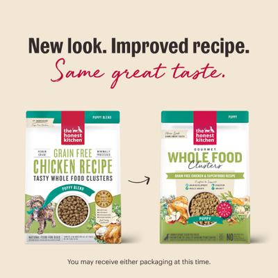 Show full view: The Honest Kitchen Human Grade Whole Food Clusters Chicken Recipe Puppy Blend Grain-Free Dehydrated Dog Food, 4-lb bag slide 5 of 13