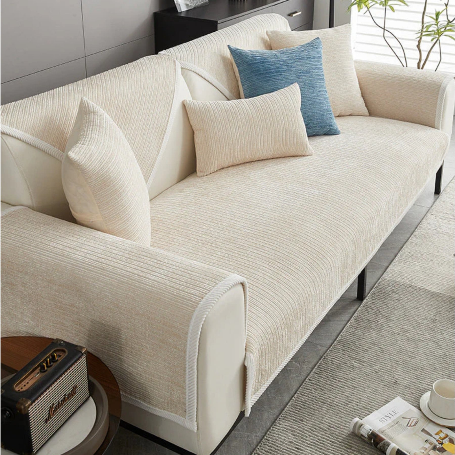 FunnyFuzzy Antimicrobial Striped Chenille Dog Couch Cover, Beige, 35.4 x 47.2-in