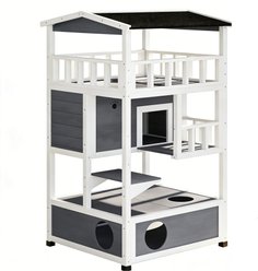 Zeus & Ruta Wooden Outdoor Cat House with Removable Middle Board, Black & White
