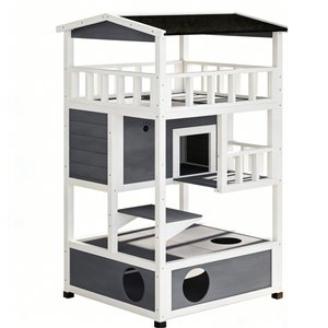 Zeus & Ruta Wooden Outdoor Cat House with Removable Middle Board, Black & White