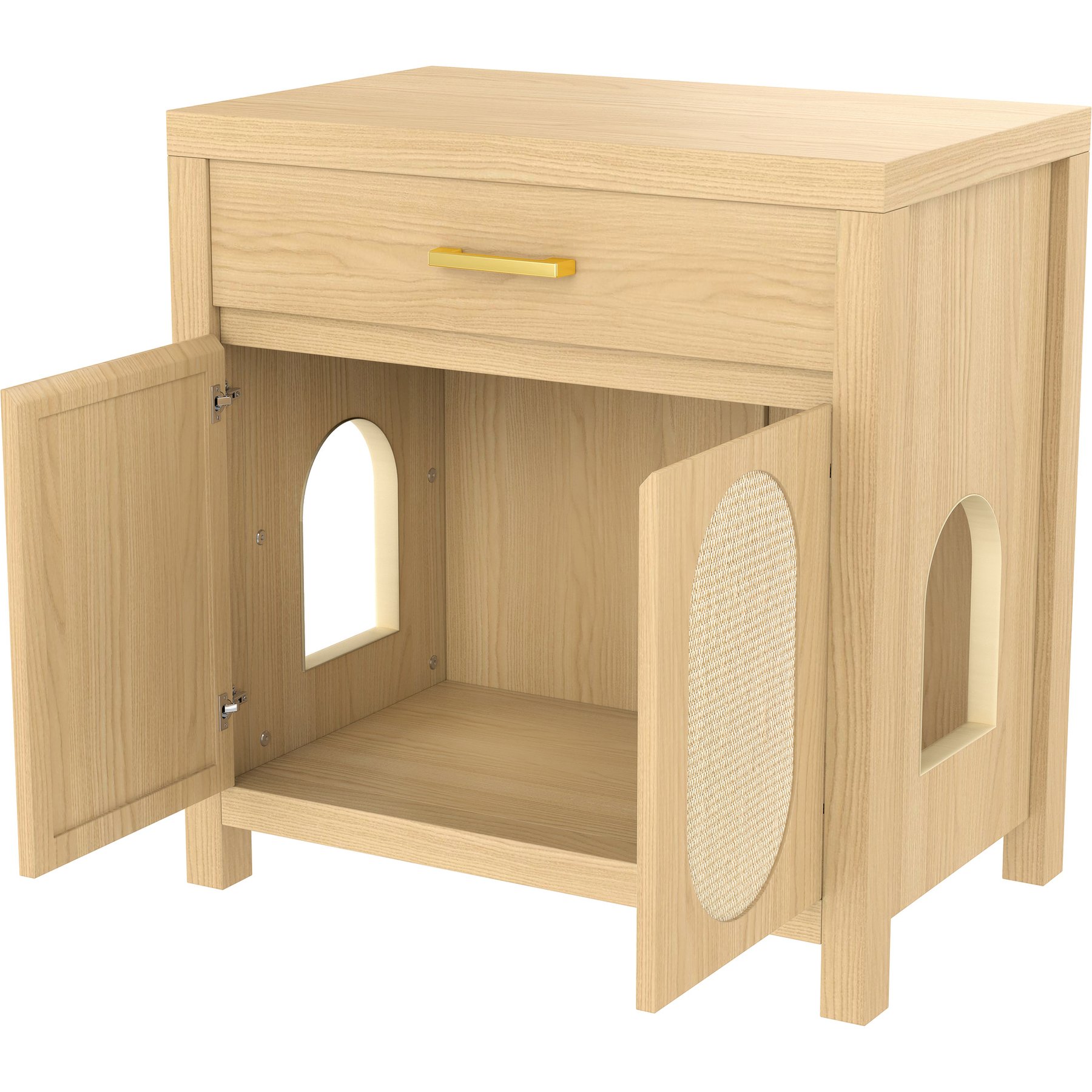 Cesicia Wooden Cabinet House Table Nightstand Cat Litter Box Enclosure with Scratching Board Doors & Storage Drawer, Natural