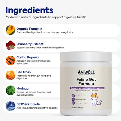 Show full view: Aniwell Feline Gut Formula Probiotics & Digestive Support Chew Supplement for Cats, 60 count slide 3 of 8