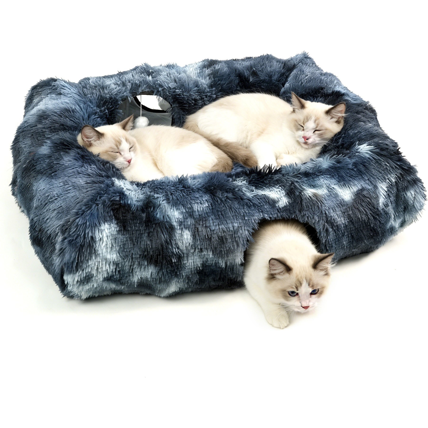Kylinsure 2-in-1 Peekaboo Cave Donut Cat Tunnel Bed with Center Mat, X-Large, Blue