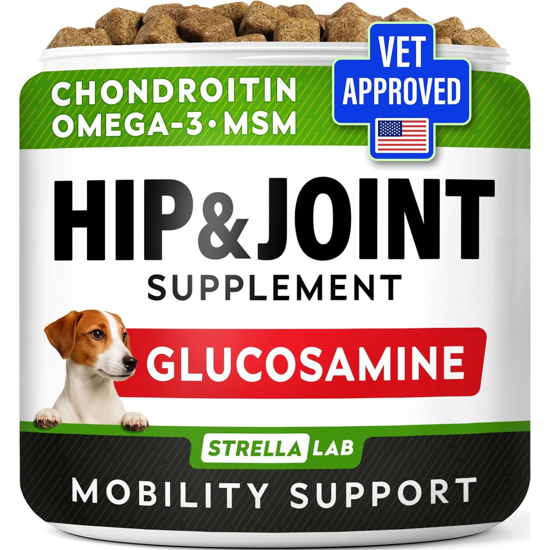 StrellaLab Hip & Joint Mobility Support Bacon Flavored Soft Chews for Dogs with Glucosamine, Chondroitin & Omega-3 Fish Oil, 240 count bundle