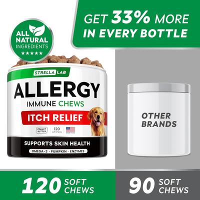 Show full view: StrellaLab Allergy Relief & Anti Itch Relief with Omega 3 Skin & Coat Fish Oil Chew Supplement for Dogs, 120 count slide 6 of 10