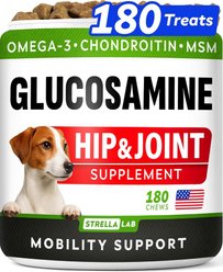 StrellaLab Glucosamine Chondroitin & Hip & Joint with Omegas 3 & Fish Oil Advanced Mobility Chew Supplement for Dogs, 180 count