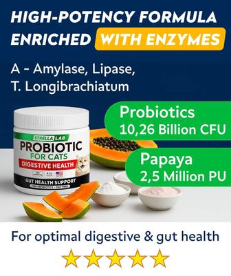 Show full view: StrellaLab Cat Probiotic Powder & Probiotics with Diarrhea Fiber & Digestive Support Supplement for Cats, 4-oz bottle slide 4 of 11