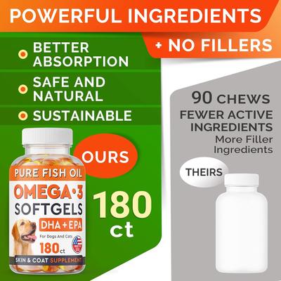 Show full view: StrellaLab Omega 3 Fish Oil Pills & Skin & Coat Supports Joints Brain Heart & Overall Health Supplement for Dogs, 180 count slide 6 of 8