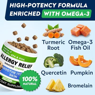 Show full view: StrellaLab Allergy Relief & Anti Itch Relief with Omega 3 Skin & Coat Fish Oil Chew Supplement for Dogs, 120 count slide 4 of 10