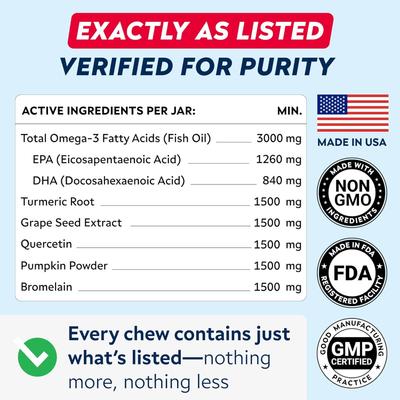 Show full view: StrellaLab Allergy Relief & Anti Itch Relief with Omega 3 Skin & Coat Fish Oil Chew Supplement for Dogs, 120 count slide 6 of 10