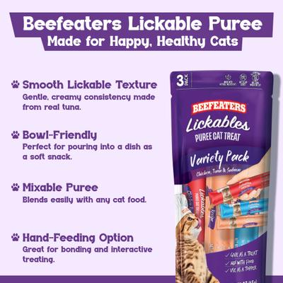 Show full view: Beefeaters Lickables Puree Variety Pack Cat Treat, 1.59-oz bag, case of 12 slide 7 of 8