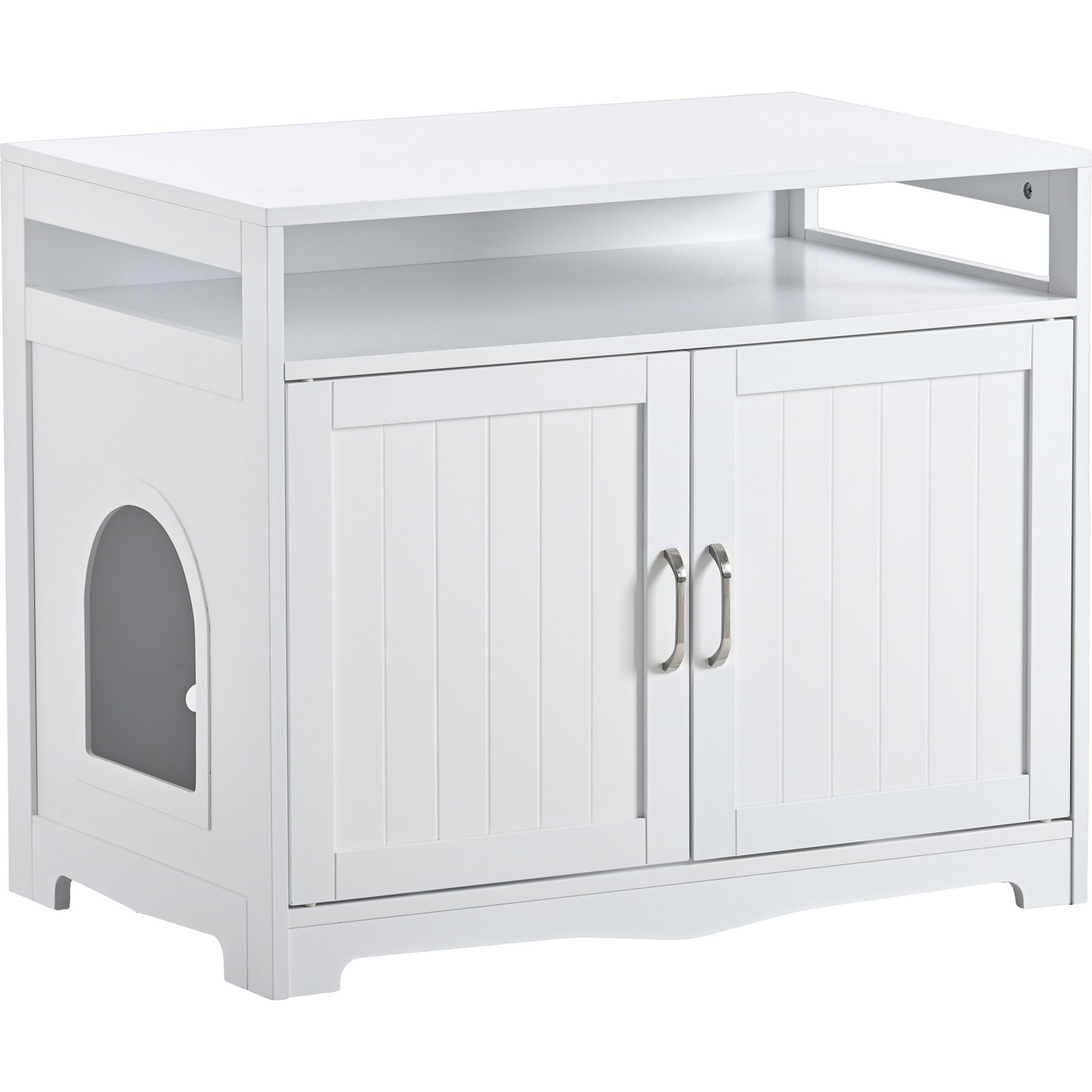 Cesicia Washroom Storage Bench House Side Table Litter Box Enclosure with Hidden Plug & 2 Doors, White