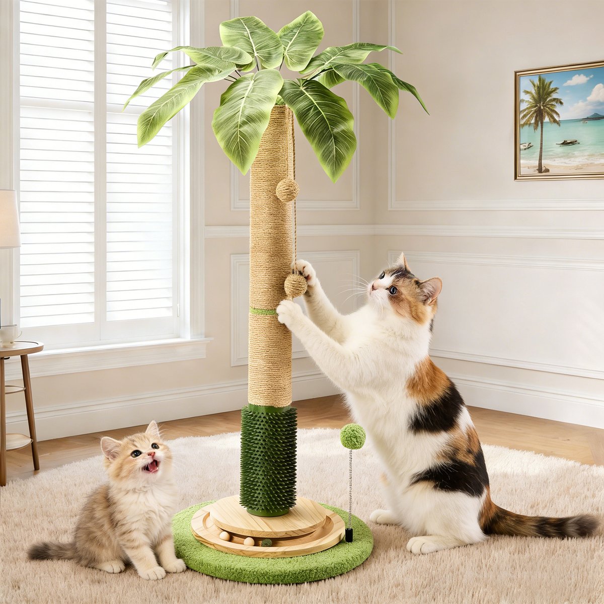 HOMAGICO Cat Scratching Post, 40-in Sisal Rope, Cat Tree Self Groomer Brush, Interactive Ball, Brown