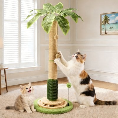 HOMAGICO HOMAGICO Cat Scratching Post, 40-in Sisal Rope, Cat Tree Self Groomer Brush, Interactive Ball, Brown