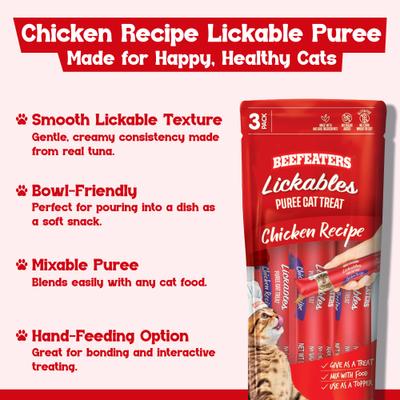 Show full view: Beefeaters Lickables Chicken Puree Recipe Cat Treat, 1.59-oz bag, case of 12 slide 7 of 8