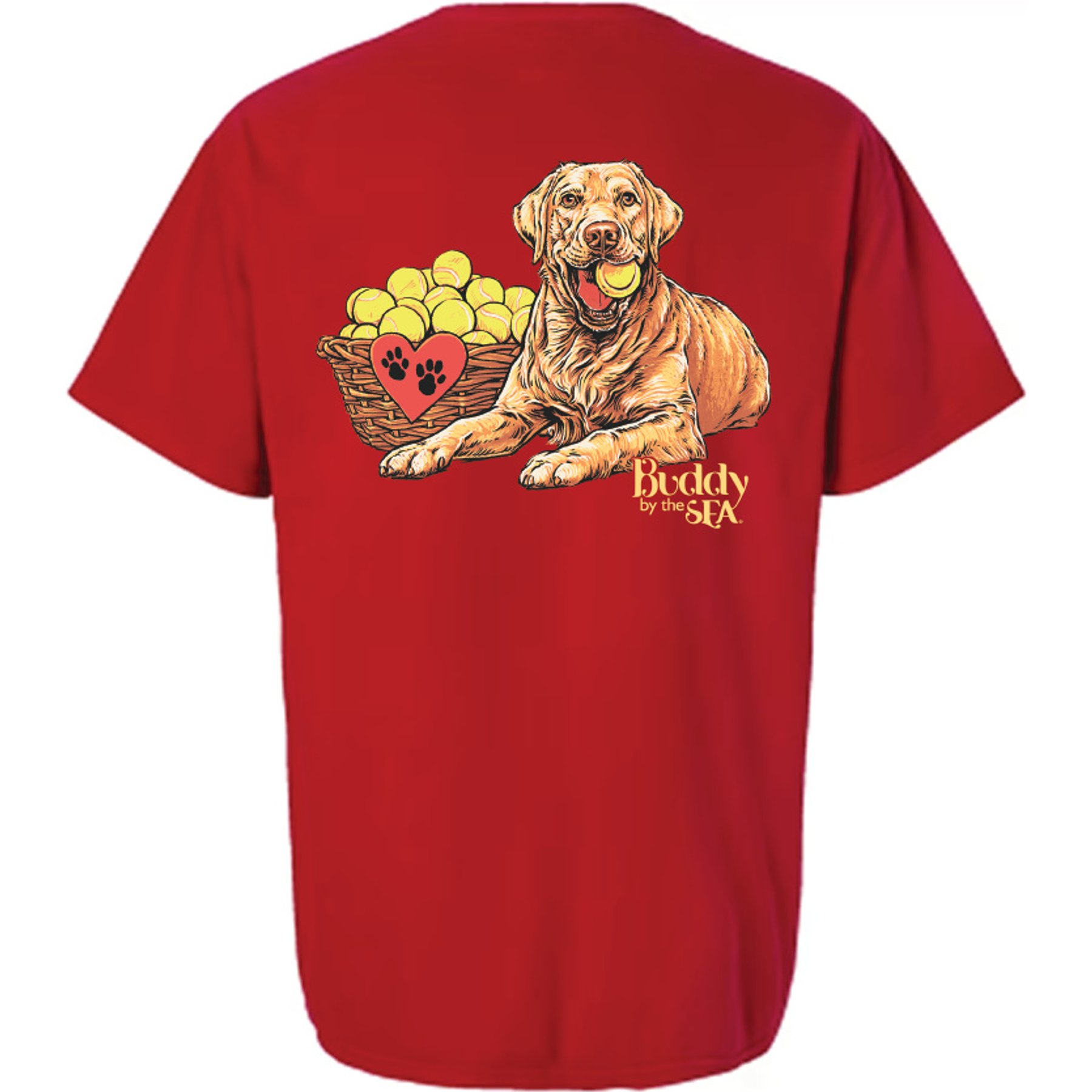 BUDDY BY THE SEA Tennis Ball for you Adult Short Sleeve Tee, Holiday Red, Large BUDDY BY THE SEA Tennis Ball for you Adult Short Sleeve Tee, Holiday Red, Large