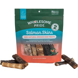 Wholesome Pride Pet Treats Smoked Salmon Skins Grain-Free dehydrated Dog Treats, 4-oz bag