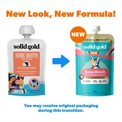 Show full view: Solid Gold Bone Broth Salmon Shreds Grain-Free Wet Cat Food Topper, 3-oz pouch, case of 12 slide 3 of 10