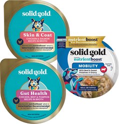 Solid Gold Digestive Support Chicken, Skin & Coat Support Chicken & Salmon, Mobility Support Beef Wet Dog Food, 3.5-oz cups, case of 18