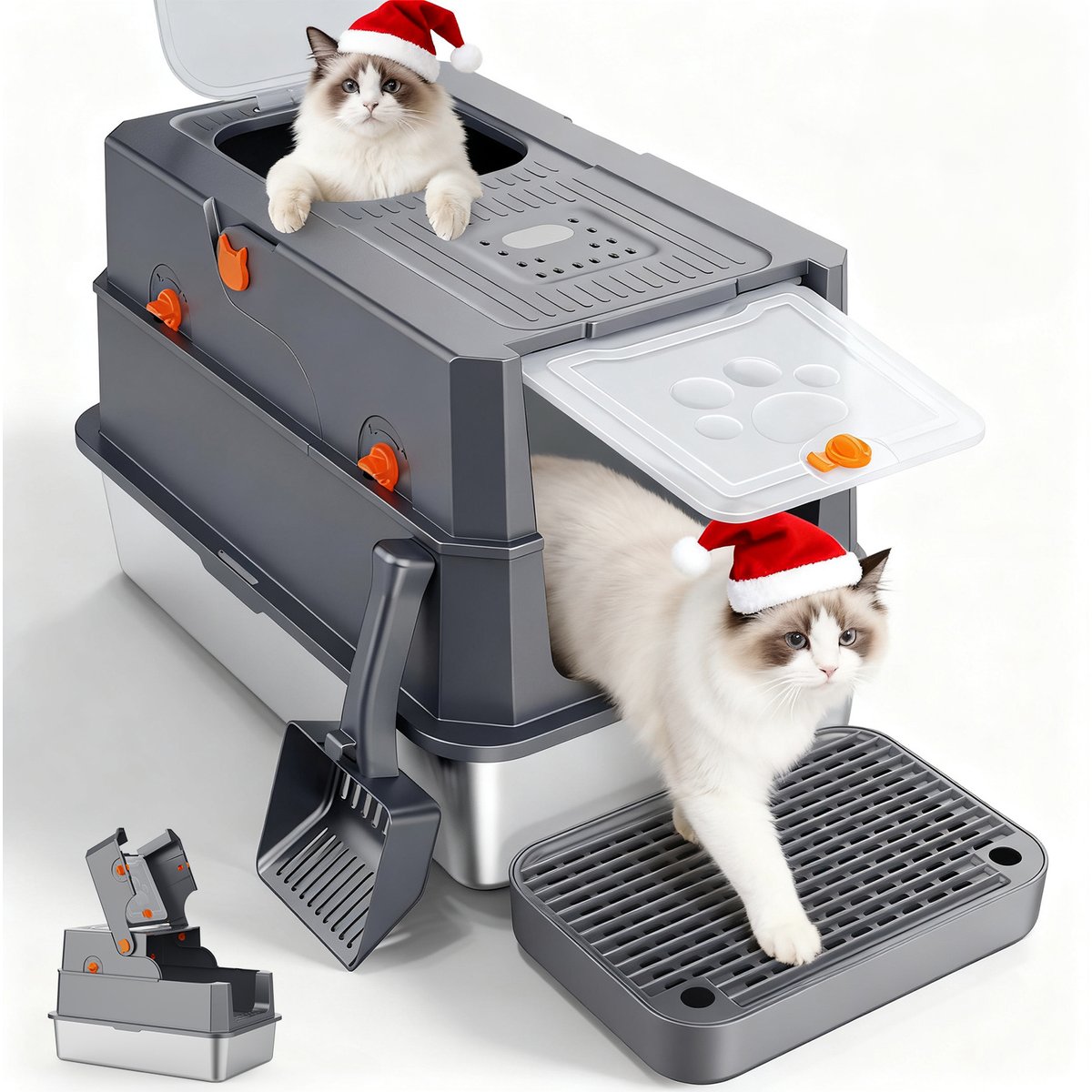 Invenho Stainless Steel Leak-Proof Odor Control Enclosed Cat Litter Box with Flip-Top & Dual Entry, 23-in, Dark Gray