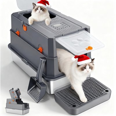 Invenho Invenho Stainless Steel Leak-Proof Odor Control Enclosed Cat Litter Box with Flip-Top & Dual Entry, 23-in, Dark Gray