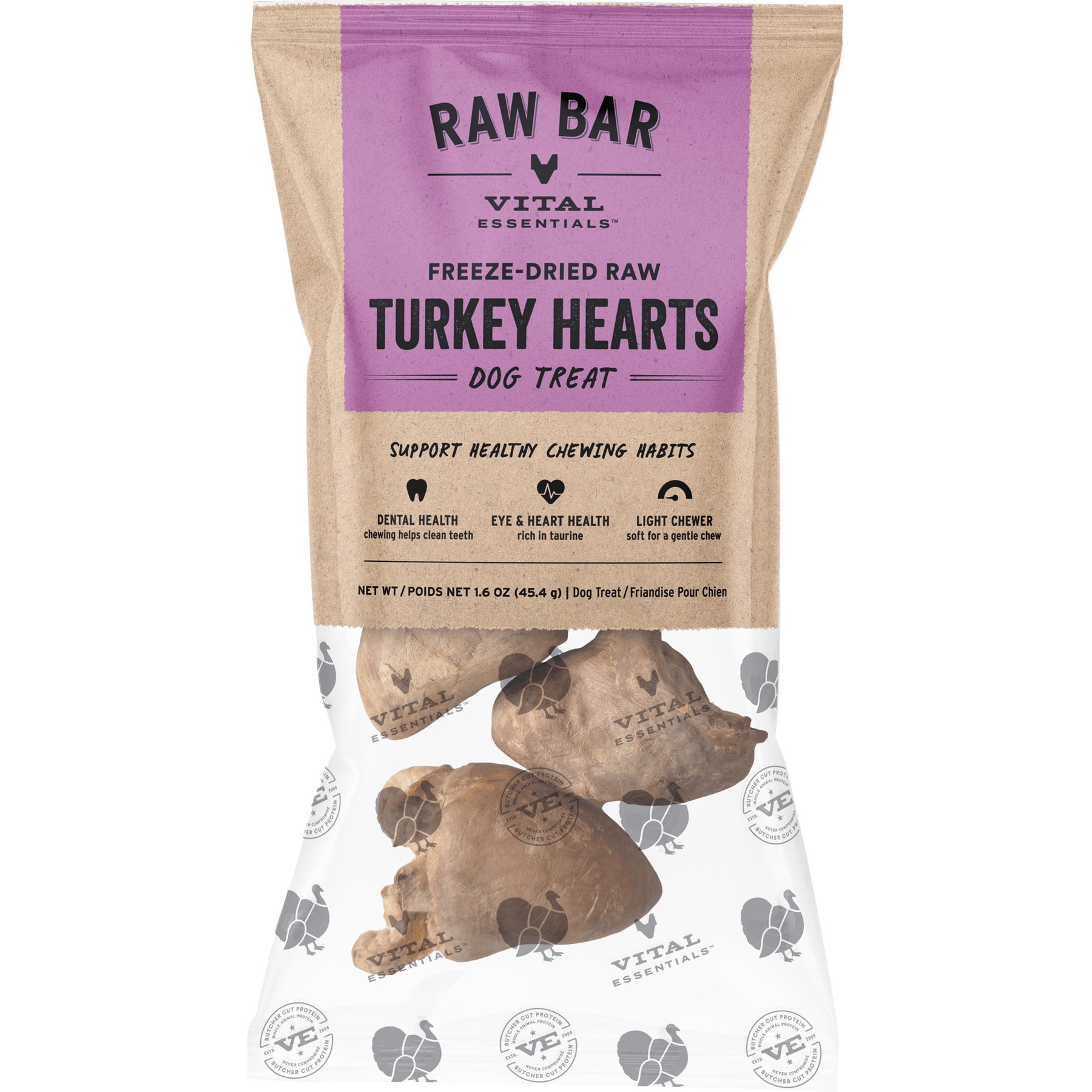 Vital Essentials Raw Bar Turkey Hearts Single Ingredient Freeze-Dried Dog Treats, 1.6-oz bag