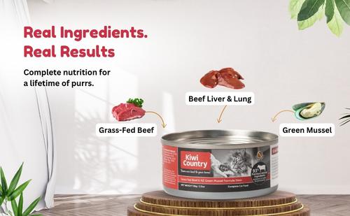 Show full view: Kiwi Country Beef & NZ Green Mussel Wet Cat Food, 3-oz can, case of 24 slide 10 of 10