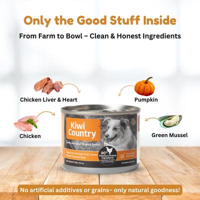 Show full view: Kiwi Country Chicken & NZ Green Mussel Wet Dog Food, 6-oz can, case of 24 slide 4 of 10