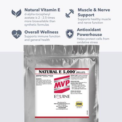 Show full view: Med-Vet Pharmaceuticals (MVP) Natural E 5000 Pellets Horse Supplement, 3-lb slide 4 of 6