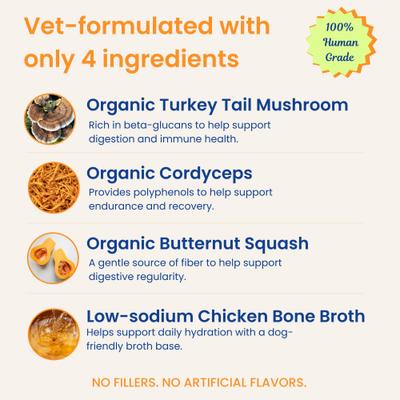 Show full view: PupSip Turkey Tail Mushroom with Low-Sodium Chicken Bone Broth Powder Digestive Support Supplement for Dogs, 12 count slide 5 of 10