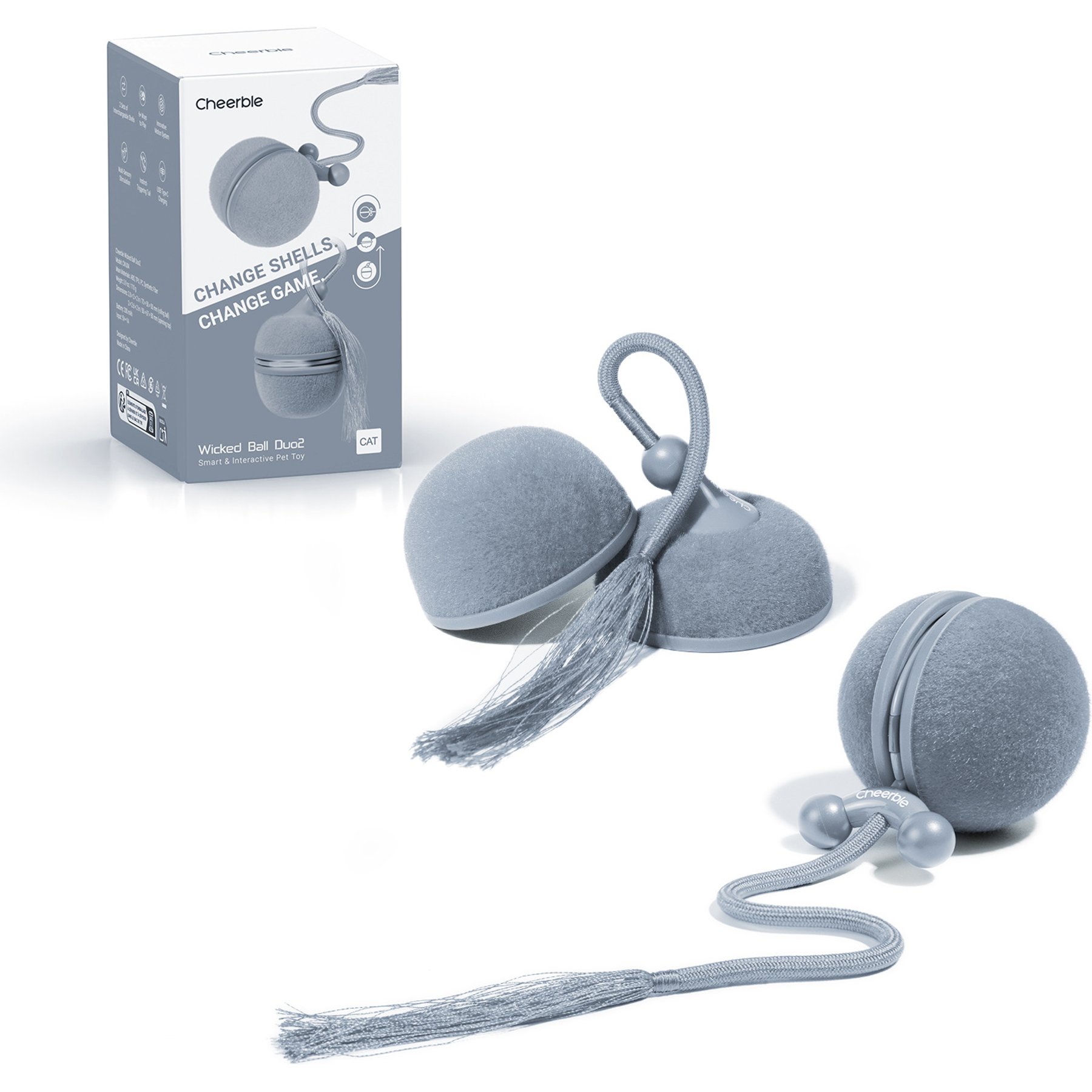Cheerble Wicked Ball Duo2 2-in-1 Rolling & Spinning Interactive Cat Toy with Bird Chirping, Grey