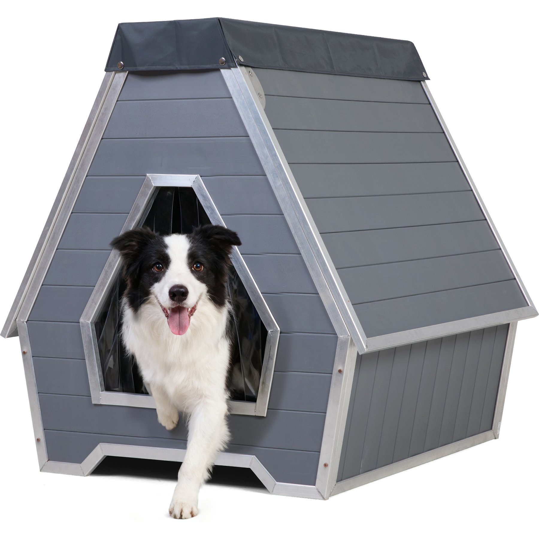 Coziwow Wooden Waterproof Outdoor Dog House Crate with Chew Resistant Metal Frame, Grey, Large