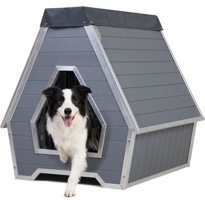 Coziwow Coziwow Wooden Waterproof Outdoor Dog House Crate with Chew Resistant Metal Frame, Grey, Large