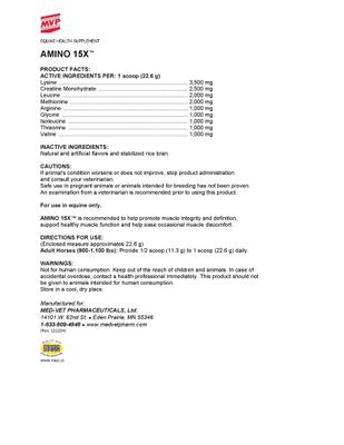 Show full view: Med-Vet Pharmaceuticals (MVP) Amino 15X Powder Horse Supplement, 3-lb slide 2 of 6