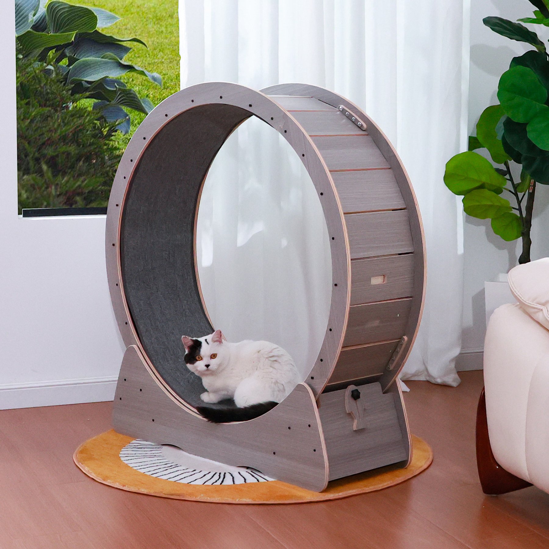 RYPetmia Indoor Interactive Exercise Wheel Cat Toy with Replaceable Runway & Safety Lock, 39.37 x 14.37 x 42.12-in, Grey