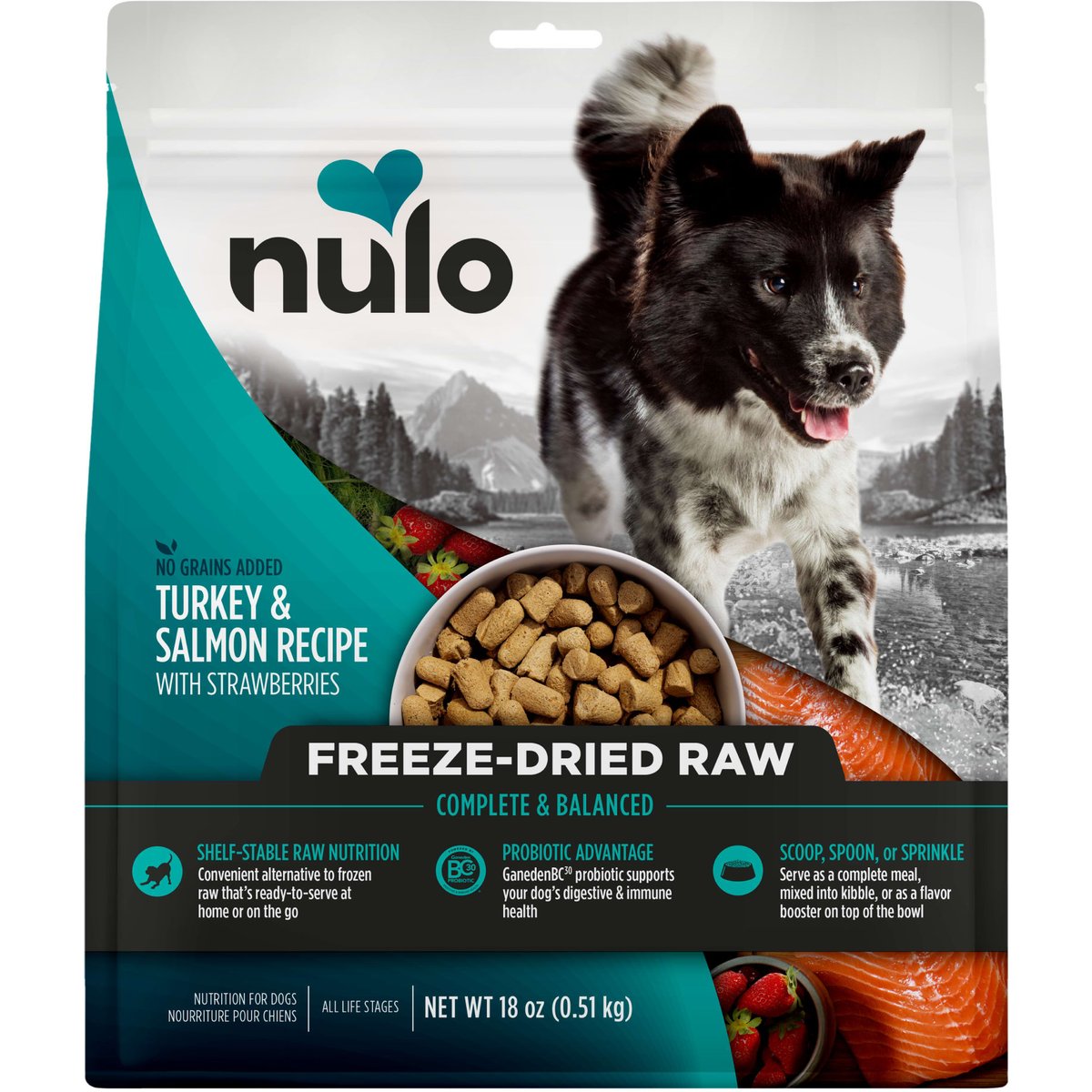 Nulo Salmon & Turkey Recipe with Strawberries Grain-Free Freeze-Dried Raw Dog Food, 18-oz bag