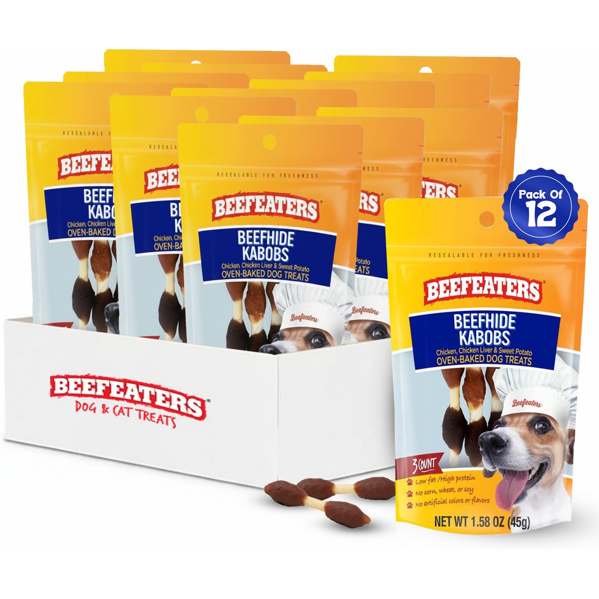Beefeaters Beefhide Kabobs Real Chicken, Liver & Sweet Potato Rawhide Dog Chew, 1.58-oz, case of 12