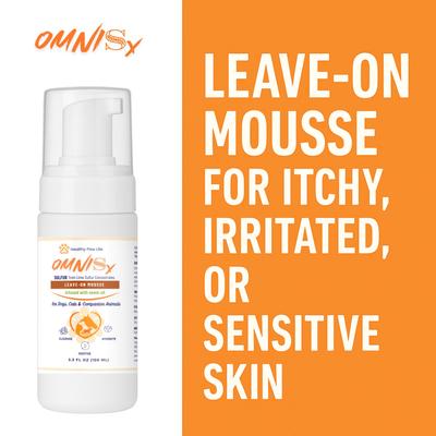 Show full view: Healthy Paw Life OMNISx Leave-On Mousse Sulfur based Veterinary-Strength Liquid Formula for Dogs & Cats, 100-mL bottle slide 2 of 7